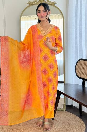 Women's Beautiful Rayon Embroidery work Straight Kurta with Pant and Dupatta Set