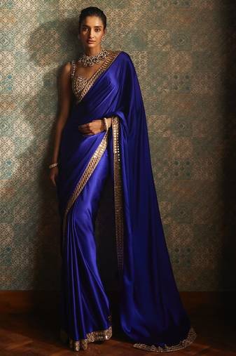 dark blue georgette sequin saree with blouse
