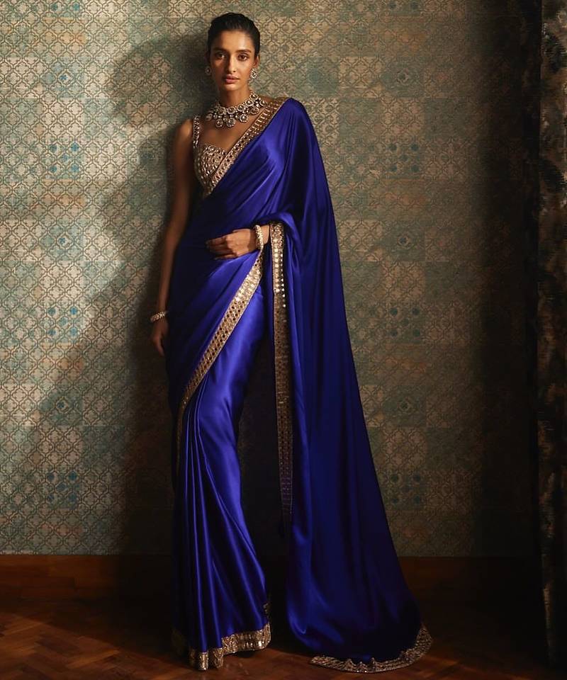dark blue georgette sequin saree with blouse