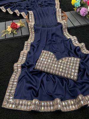 dark blue georgette sequin saree with blouse 1