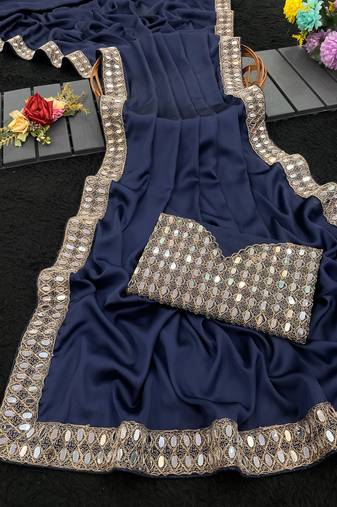 dark blue georgette sequin saree with blouse