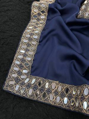 dark blue georgette sequin saree with blouse 2