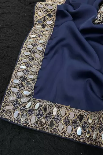 dark blue georgette sequin saree with blouse