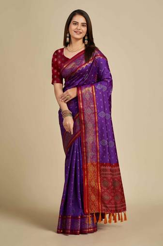 purple traditional pure patola saree with contrast weave