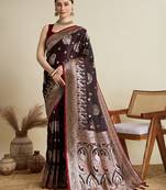 brown satin saree with rich zari motifs