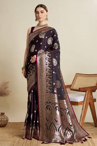wine satin saree with contrast zari border and blouse