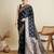 black satin saree with contrast zari border and blouse