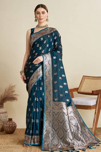 blue satin saree with contrast zari border and blouse