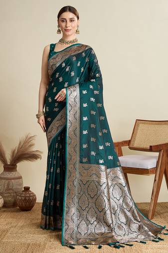 green satin saree with contrast zari border and blouse