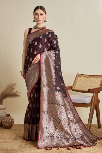 maroon satin saree with contrast zari border and blouse