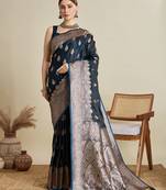 navy blue satin saree with contrast zari border and blouse