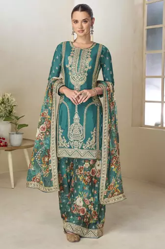 Teal Bayou designer hand embroidered palazZo suit