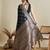 navy blue satin saree with contrast zari border and blouse
