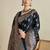 navy blue satin saree with contrast zari border and blouse