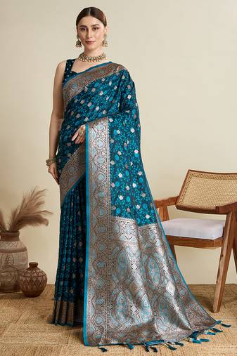 blue satin saree with contrast zari border and blouse