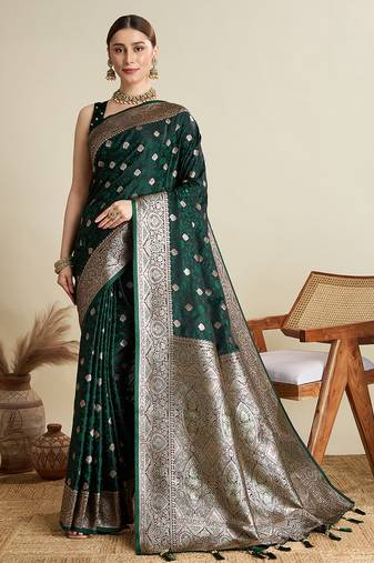 green satin saree with contrast zari border and blouse