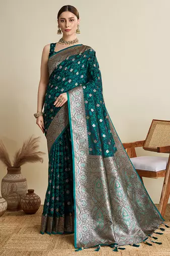 turquoise satin saree with contrast zari border and blouse
