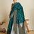 turquoise satin saree with contrast zari border and blouse