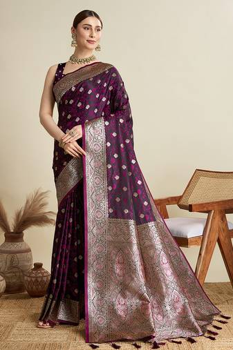 wine satin saree with contrast zari border and blouse