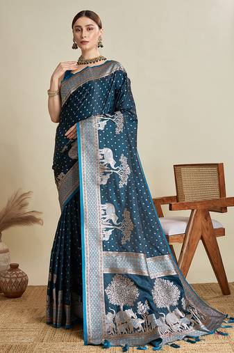 blue satin saree with contrast zari border and blouse