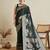 green satin saree with contrast zari border and blouse