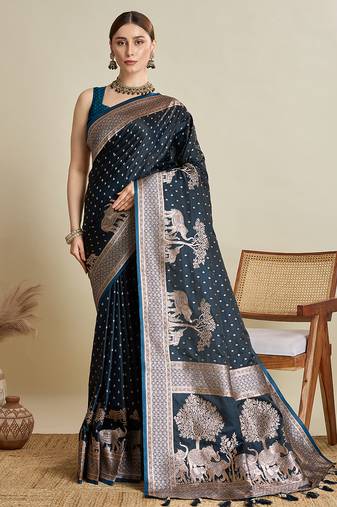 navy blue satin saree with contrast zari border and blouse