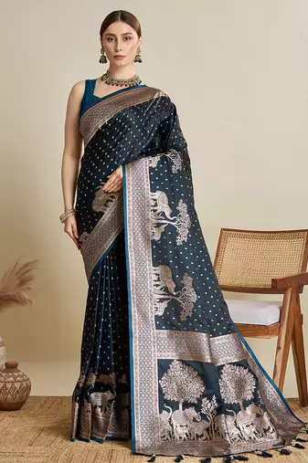 navy blue satin saree with contrast zari border and blouse