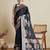 navy blue satin saree with contrast zari border and blouse
