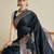 navy blue satin saree with contrast zari border and blouse