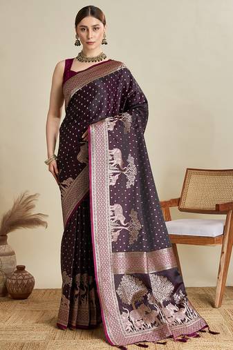 wine satin saree with zari motifs contrast border and blouse