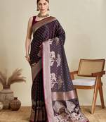 wine satin saree with zari motifs contrast border and blouse