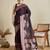 wine satin saree with zari motifs contrast border and blouse