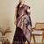 wine satin saree with zari motifs contrast border and blouse