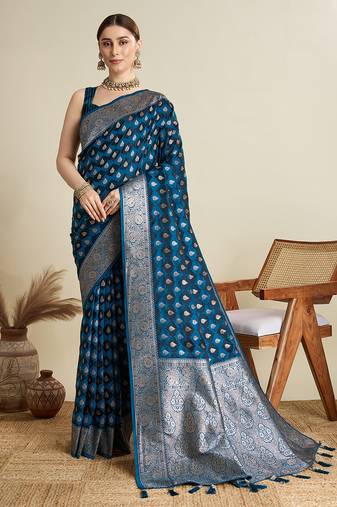 blue satin saree with zari motifs contrast border and blouse