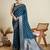 blue satin saree with zari motifs contrast border and blouse