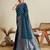 blue satin saree with zari motifs contrast border and blouse