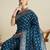 blue satin saree with zari motifs contrast border and blouse