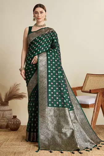 green satin saree with zari motifs contrast border and blouse