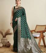 green satin saree with zari motifs contrast border and blouse
