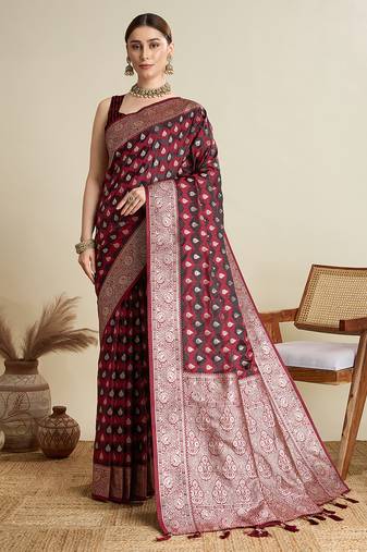 maroon satin saree with zari motifs contrast border and blouse