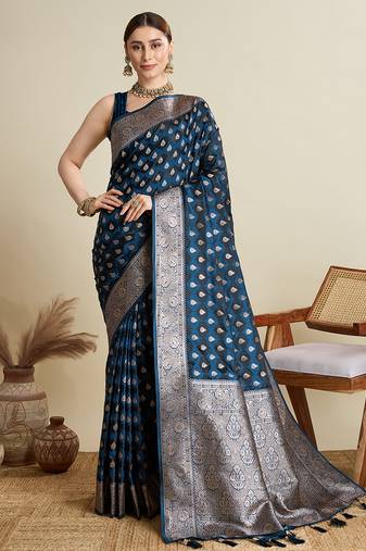 navy blue satin saree with zari motifs contrast border and blouse