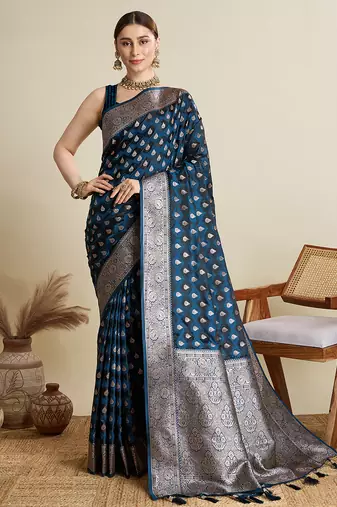 navy blue satin saree with zari motifs contrast border and blouse