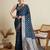 navy blue satin saree with zari motifs contrast border and blouse