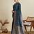 navy blue satin saree with zari motifs contrast border and blouse