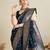 navy blue satin saree with zari motifs contrast border and blouse