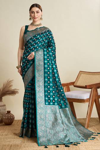 turquoise satin saree with zari motifs contrast border and blouse