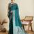 turquoise satin saree with zari motifs contrast border and blouse
