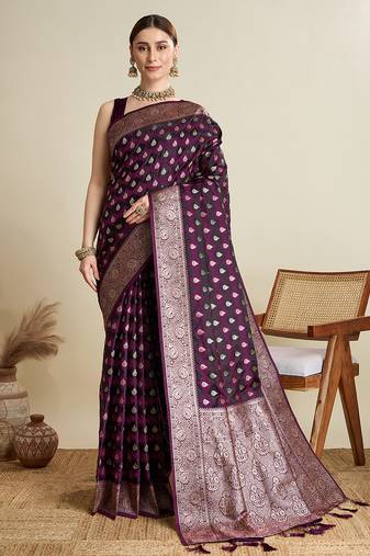 wine satin saree with zari motifs contrast border and blouse