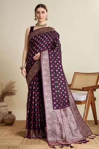 wine satin saree with zari motifs contrast border and blouse