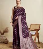 wine satin saree with zari motifs contrast border and blouse